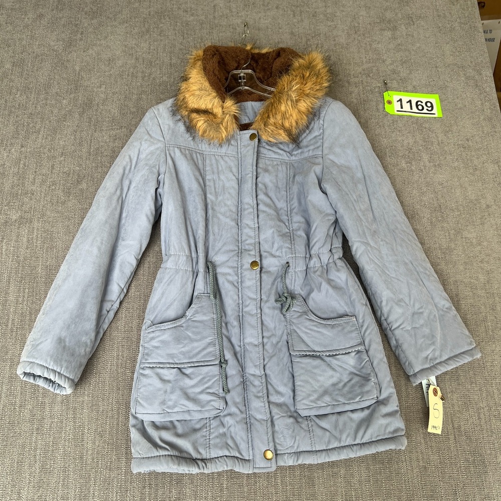 Vintage 90s Womens Parka Coat S Blue Fleece Lined Faux Fur Hooded Winter Warm